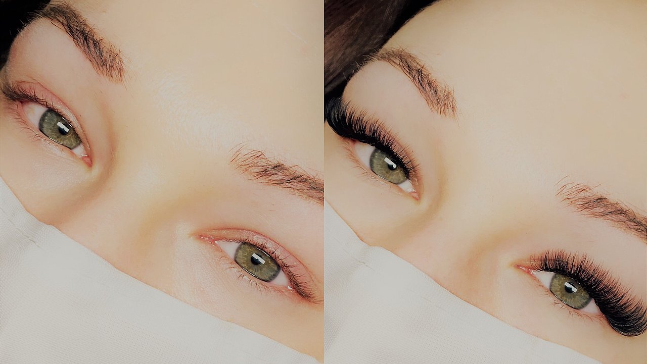 Vorher-/Nachher-Effekt einer Wimpernverlängerung Vorher-/Nachher-Effekt einer Wimpernverlängerung