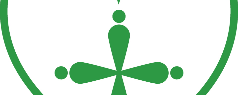 Grünes, stilisiertes Symbol mit einem Punkt oben, einem Tropfen-förmigen Element darunter und vier horizontalen, tropfenförmigen Elementen, die ein Kreuz bilden, umgeben von einem grünen Kreis