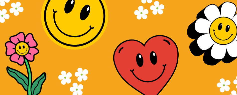 Grafik mit gelbem Smiley, rotem Herz mit Gesicht, lachender Blume und weißen Blüten auf orangefarbenem Hintergrund