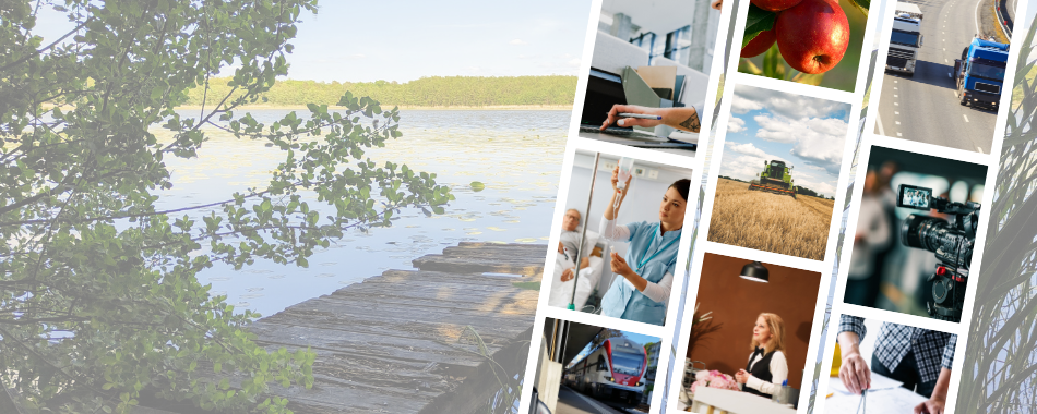 Holzsteg am See mit Bäumen, daneben Collage aus Bildern zu Landwirtschaft, Büroarbeit, Medienproduktion und Logistik