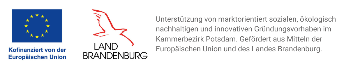 Europaflagge mit zwölf gelben Sternen auf blauem Hintergrund und Text zur Förderung marktorientierter, sozialer, ökologischer und innovativer Gründungsvorhaben im Kammerbezirk Potsdam durch EU und Land Brandenburg